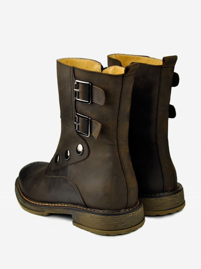 Botas Masculinas Chelsea Couro Marrom Profundo Com Fivela Redonda - Castanho Profundo