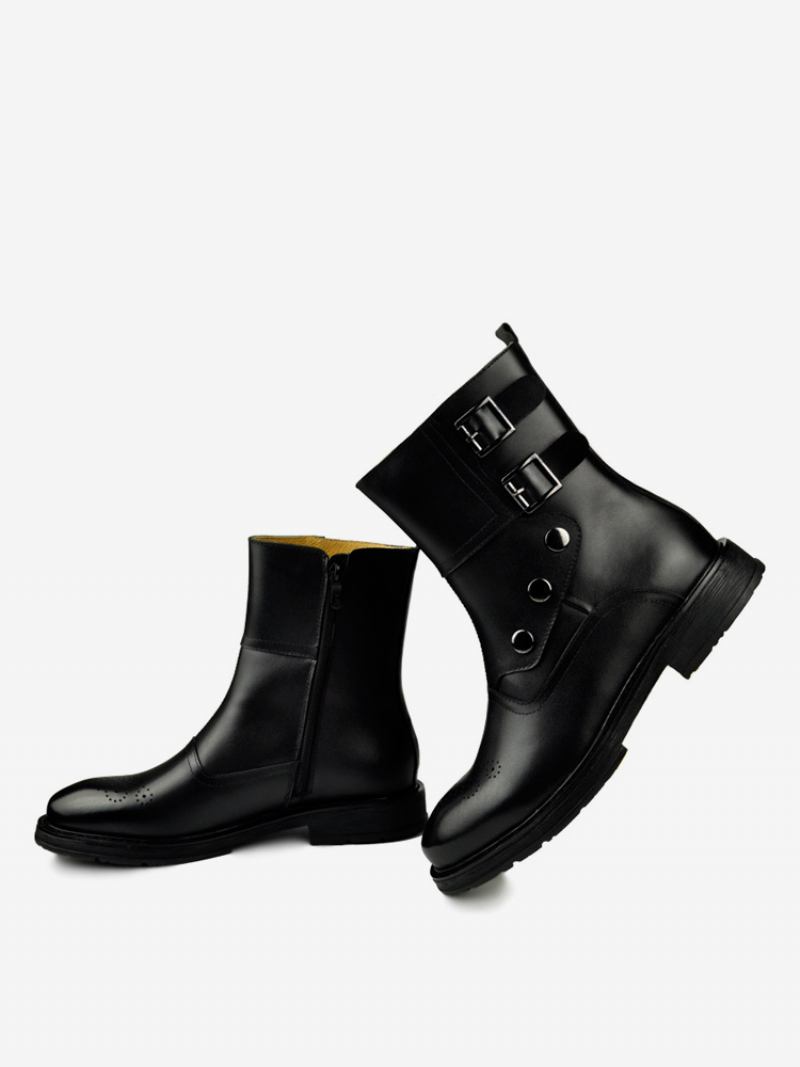 Botas Masculinas Chelsea Couro Marrom Profundo Com Fivela Redonda - Preto