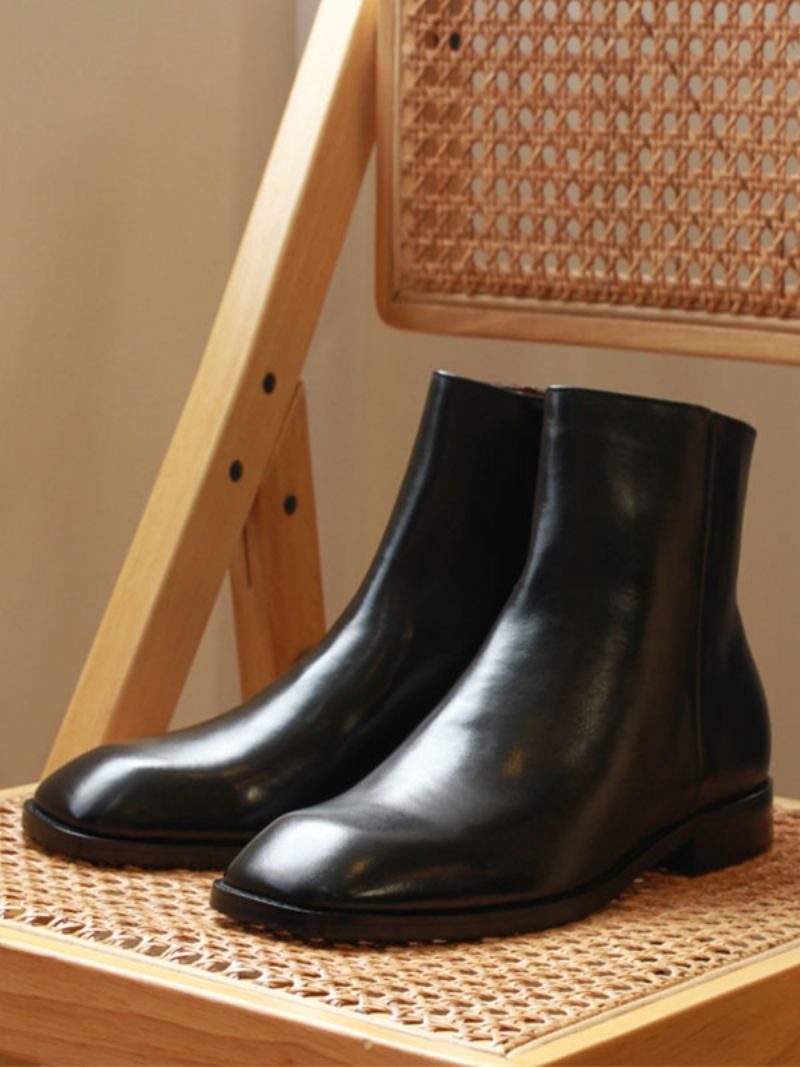 Botas Masculinas Chelsea Couro Preto Com Bico Quadrado