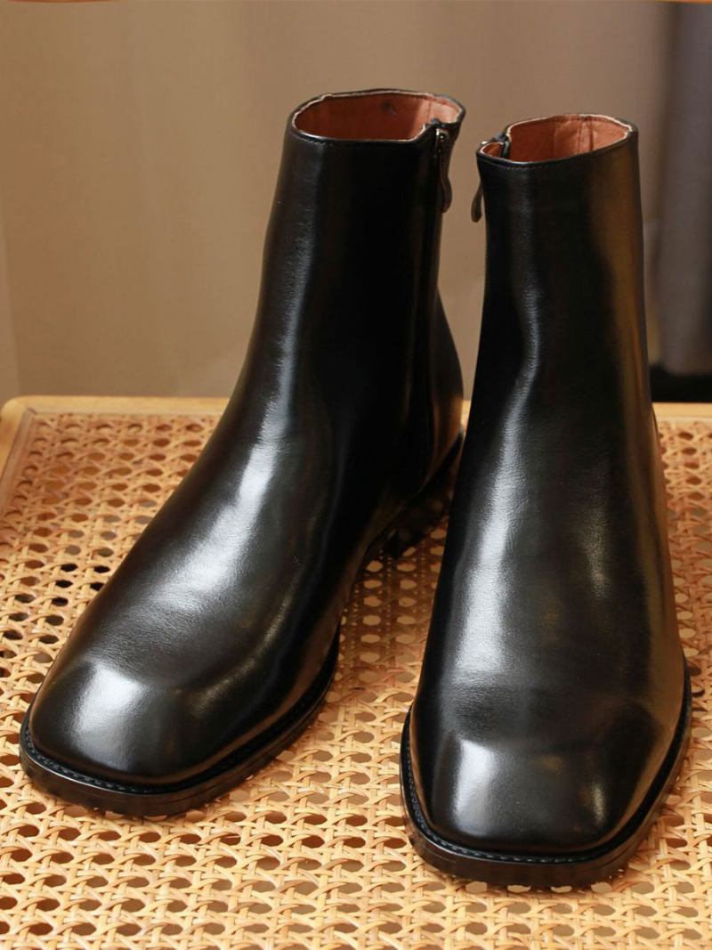 Botas Masculinas Chelsea Couro Preto Com Bico Quadrado - Preto