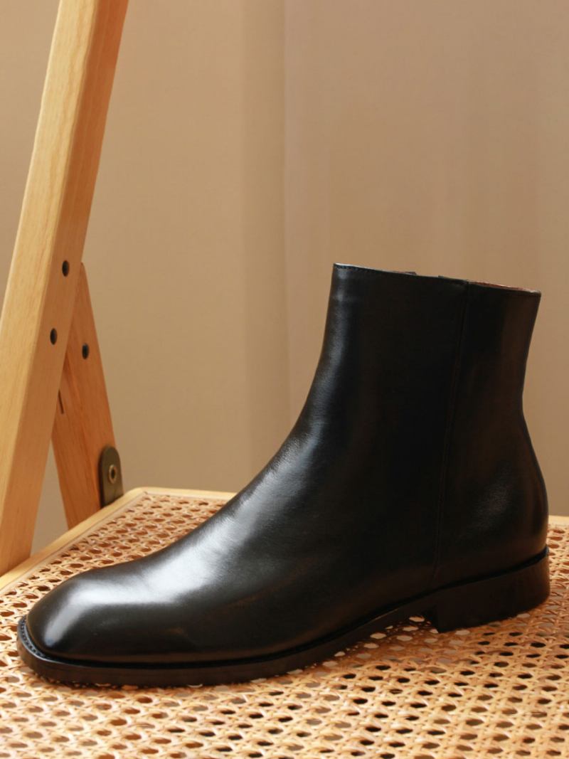 Botas Masculinas Chelsea Couro Preto Com Bico Quadrado - Preto