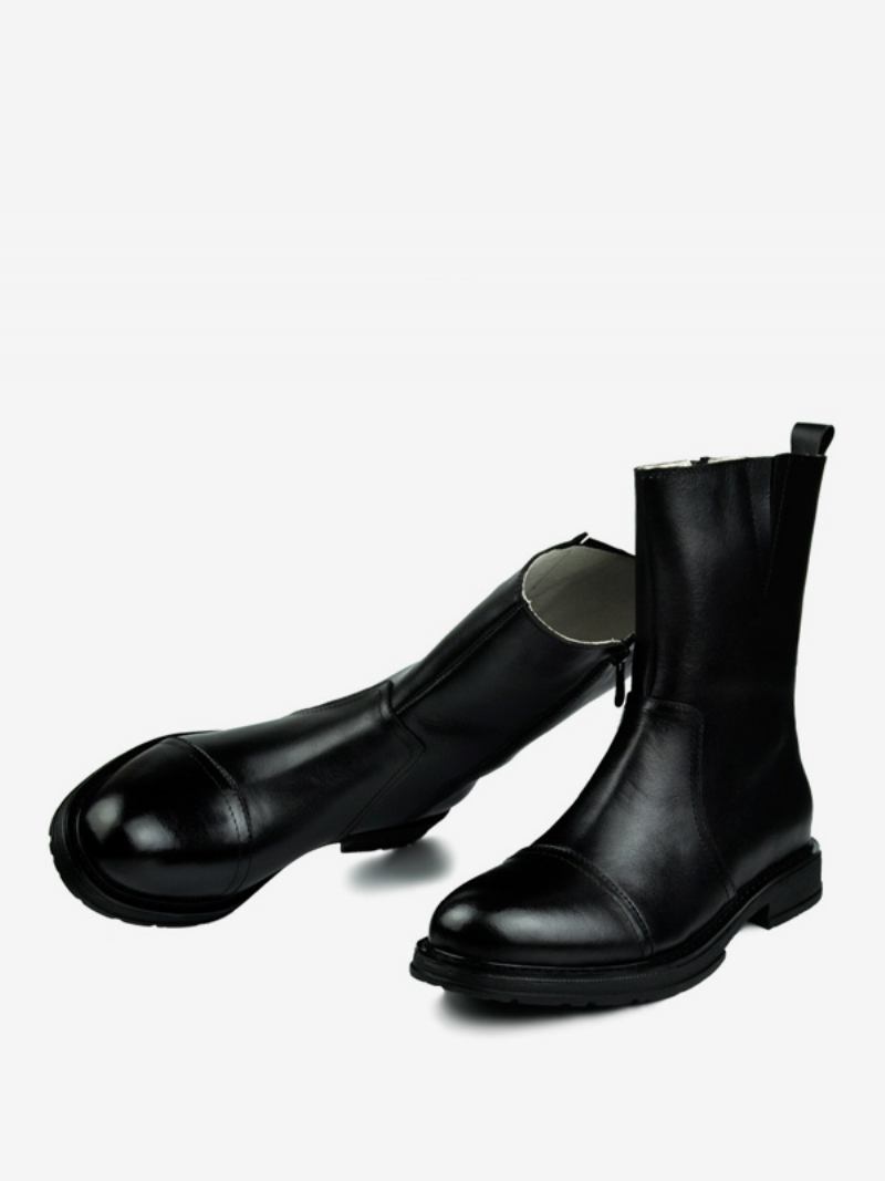 Botas Masculinas Chelsea Couro Preto Com Bico Redondo - Preto