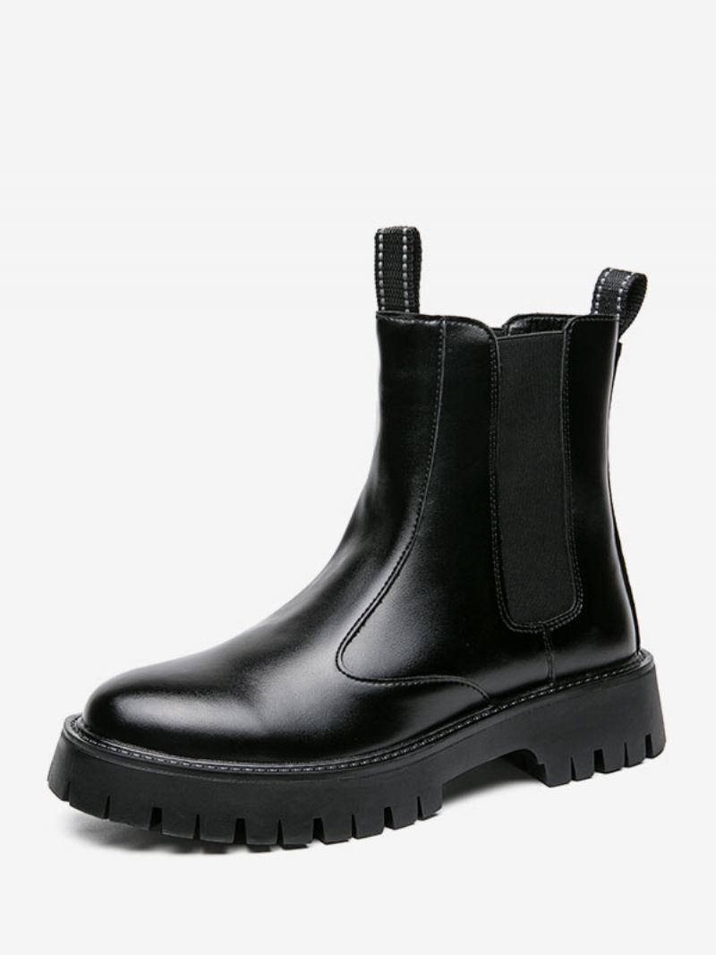 Botas Masculinas Chelsea Couro Preto Com Bico Redondo