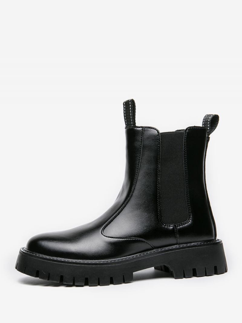 Botas Masculinas Chelsea Couro Preto Com Bico Redondo - Preto