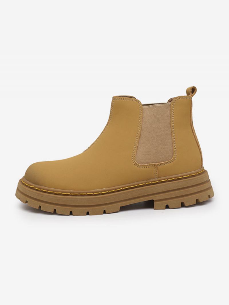 Botas Masculinas Chelsea Couro Pu Amarelo Com Bico Redondo E Tornozelo - Amarelo