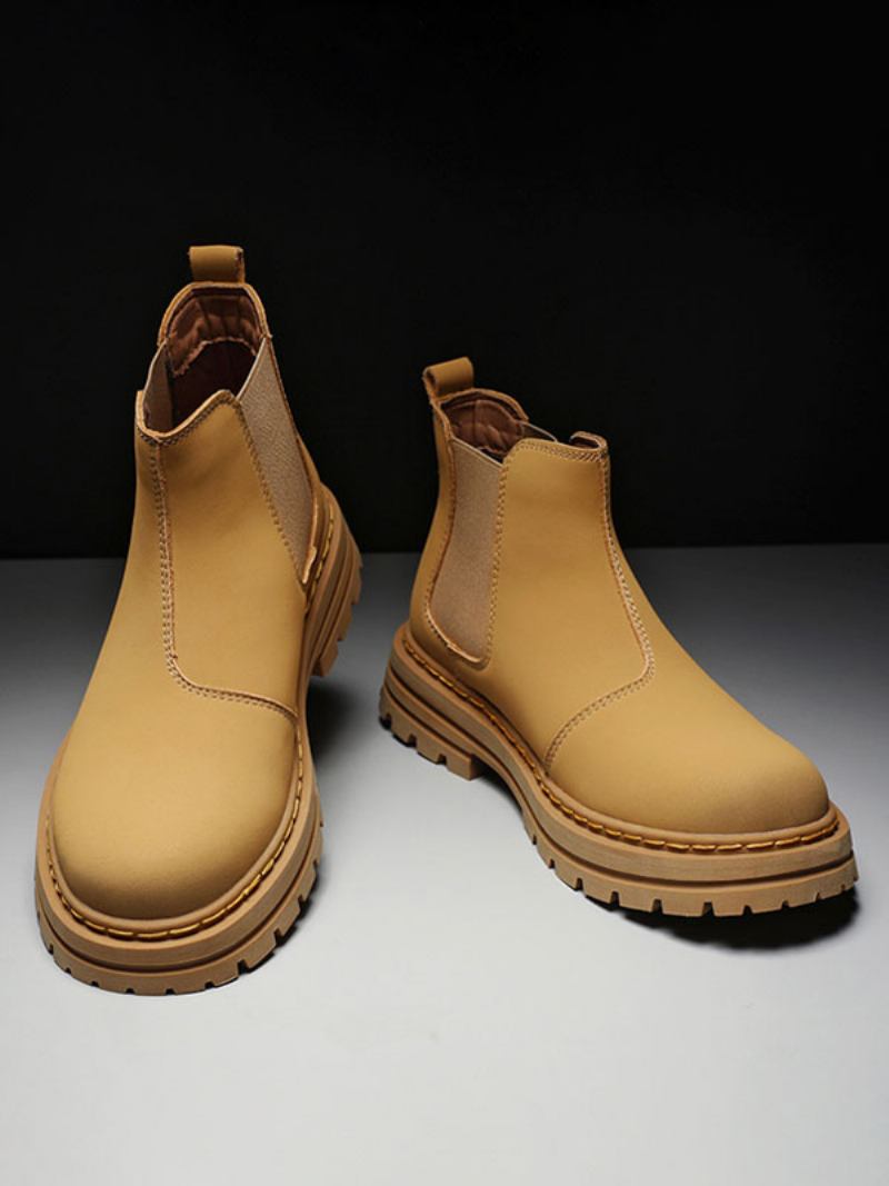 Botas Masculinas Chelsea Couro Pu Amarelo Com Bico Redondo E Tornozelo - Amarelo