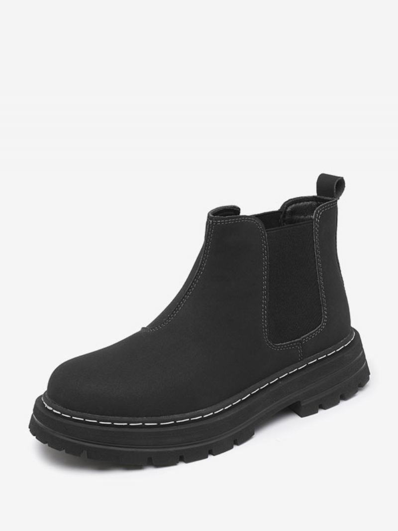 Botas Masculinas Chelsea Couro Pu Amarelo Com Bico Redondo E Tornozelo - Preto