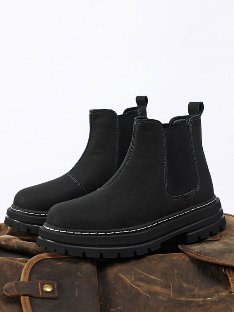 Botas Masculinas Chelsea Couro Pu Amarelo Com Bico Redondo E Tornozelo - Preto