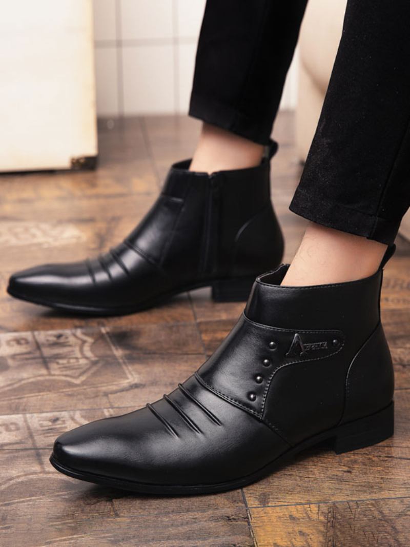 Botas Masculinas Chelsea Couro Pu Bico Fino - Preto