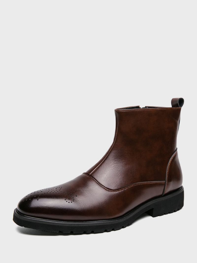 Botas Masculinas Chelsea Couro Pu Bico Redondo - Café Marrom