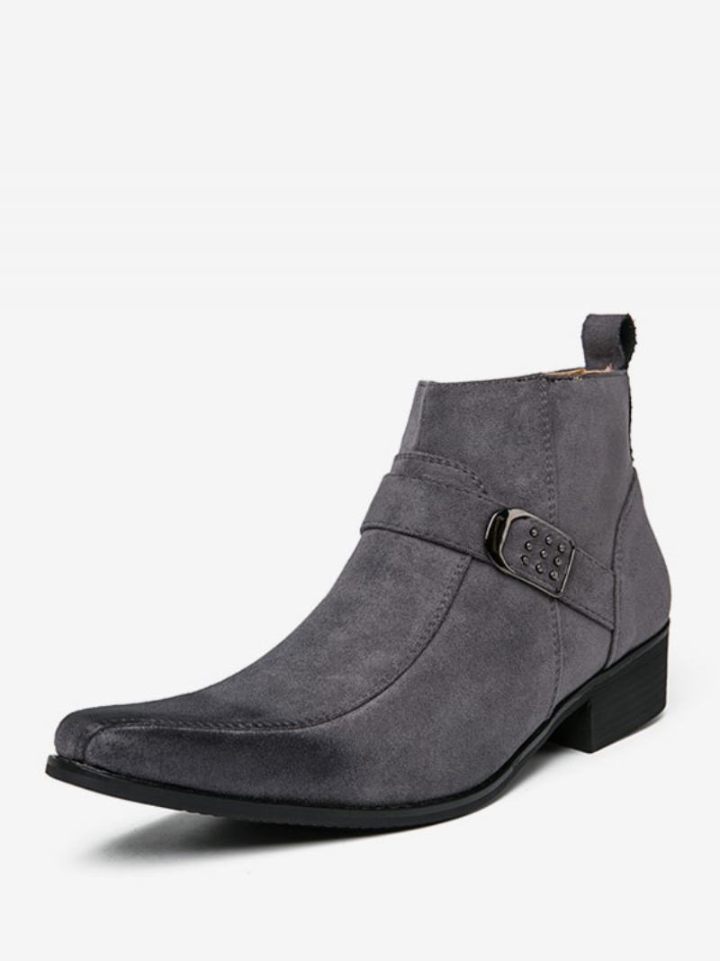 Botas Masculinas Chelsea Couro Pu Bico Redondo - Cinza