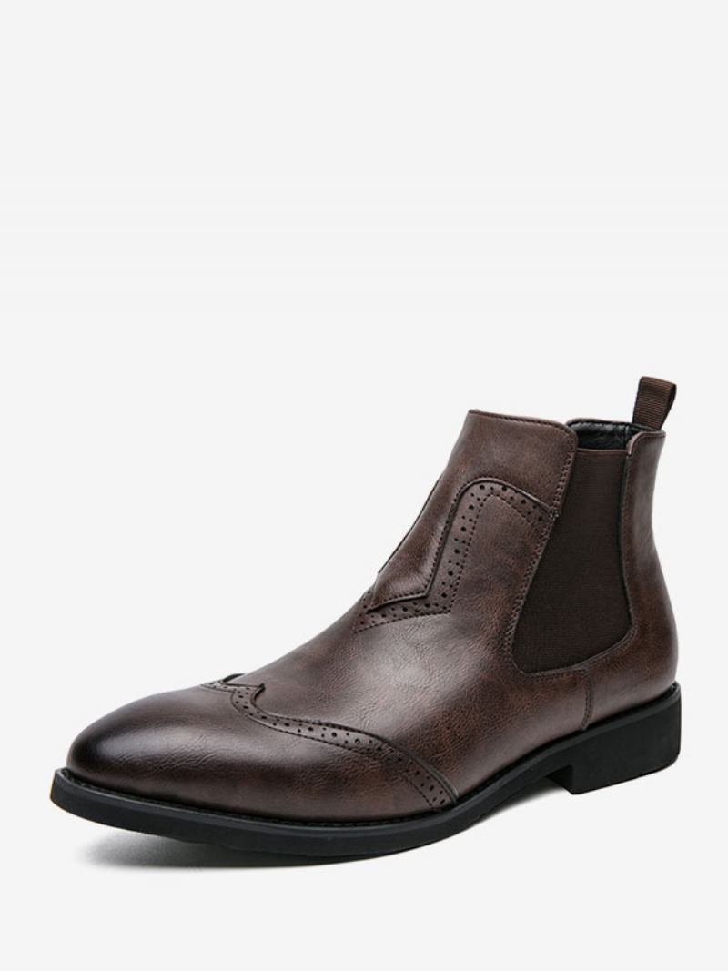 Botas Masculinas Chelsea Couro Pu Bico Redondo - Café Marrom