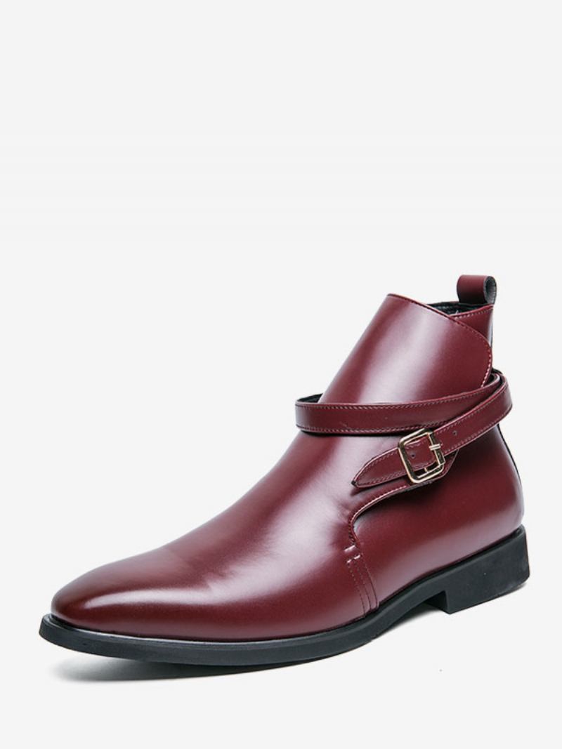 Botas Masculinas Chelsea Couro Pu Bico Redondo - Vermelho