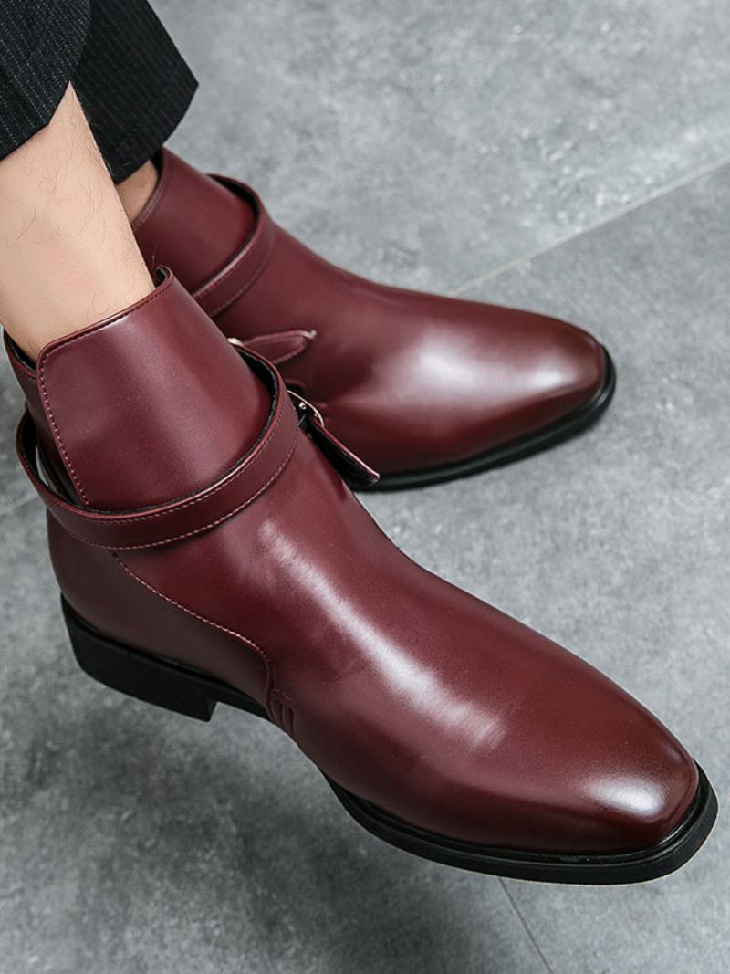 Botas Masculinas Chelsea Couro Pu Bico Redondo - Vermelho