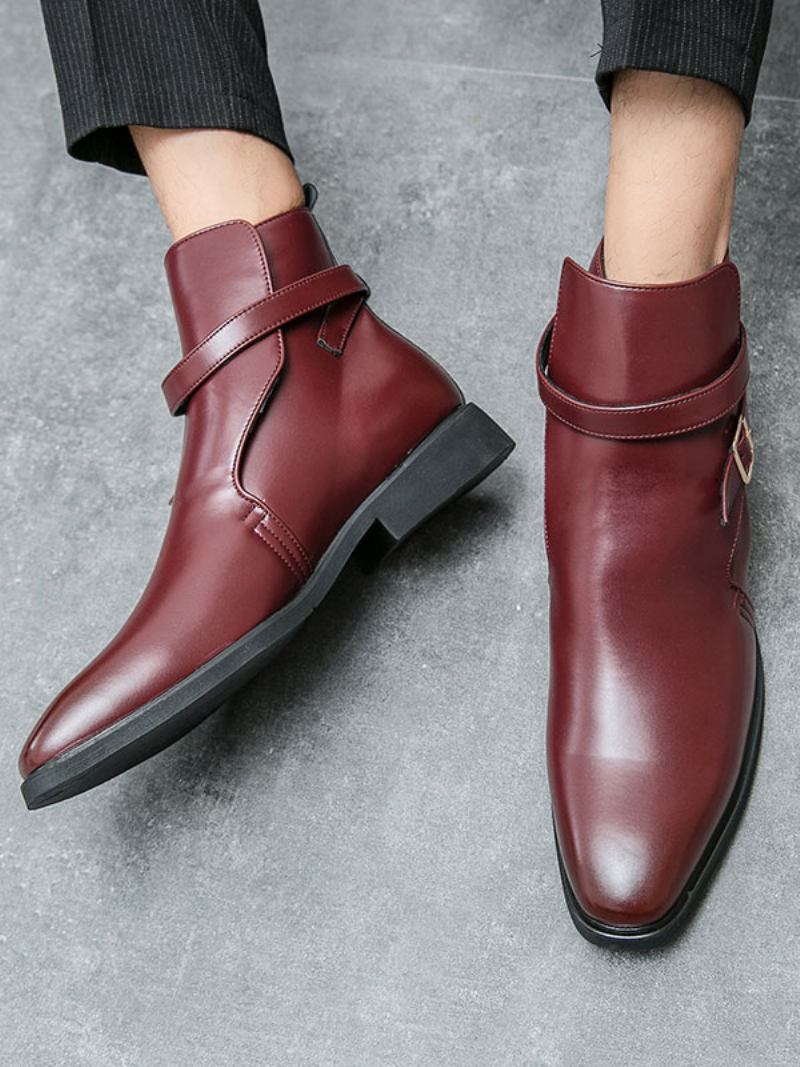 Botas Masculinas Chelsea Couro Pu Bico Redondo - Vermelho