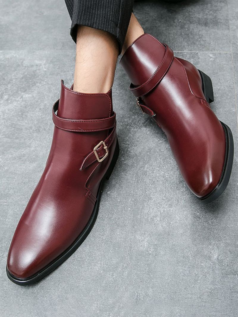 Botas Masculinas Chelsea Couro Pu Bico Redondo - Vermelho