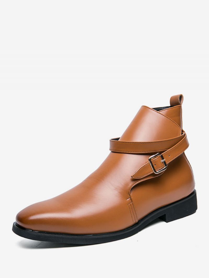 Botas Masculinas Chelsea Couro Pu Bico Redondo - Castanho Café