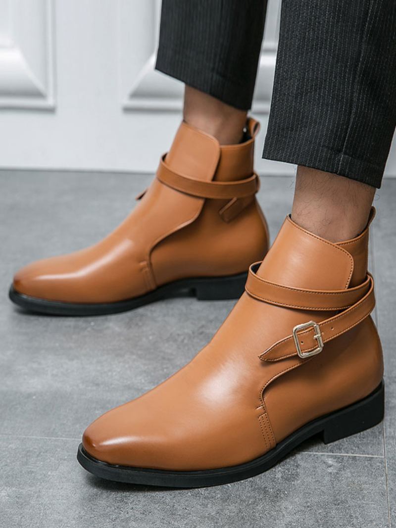 Botas Masculinas Chelsea Couro Pu Bico Redondo - Castanho Café