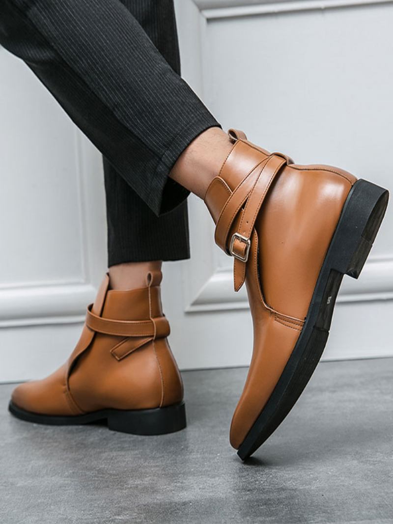 Botas Masculinas Chelsea Couro Pu Bico Redondo - Castanho Café