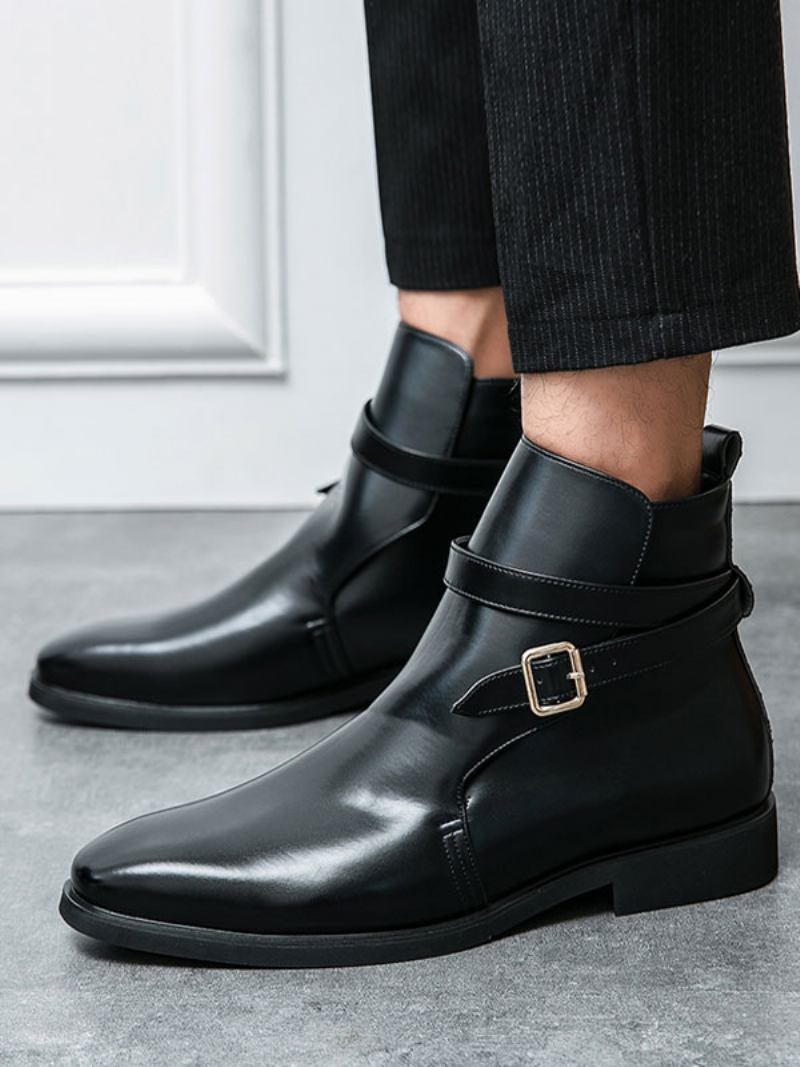 Botas Masculinas Chelsea Couro Pu Bico Redondo - Preto