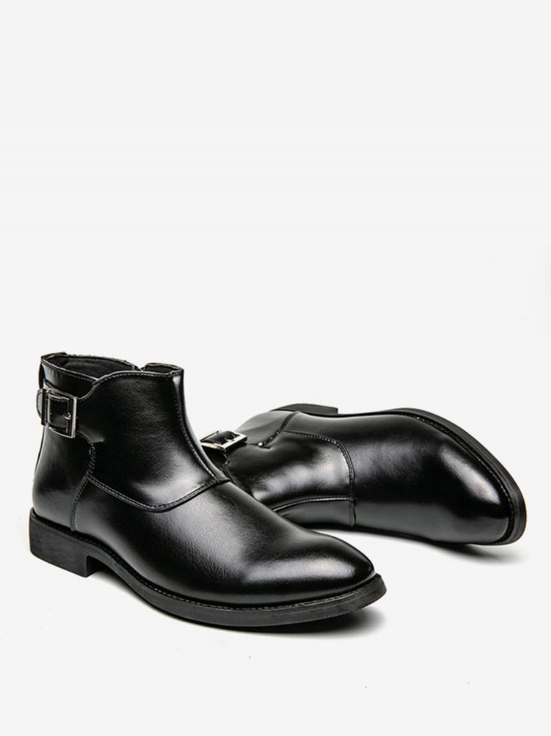 Botas Masculinas Chelsea Couro Pu Bico Redondo - Preto