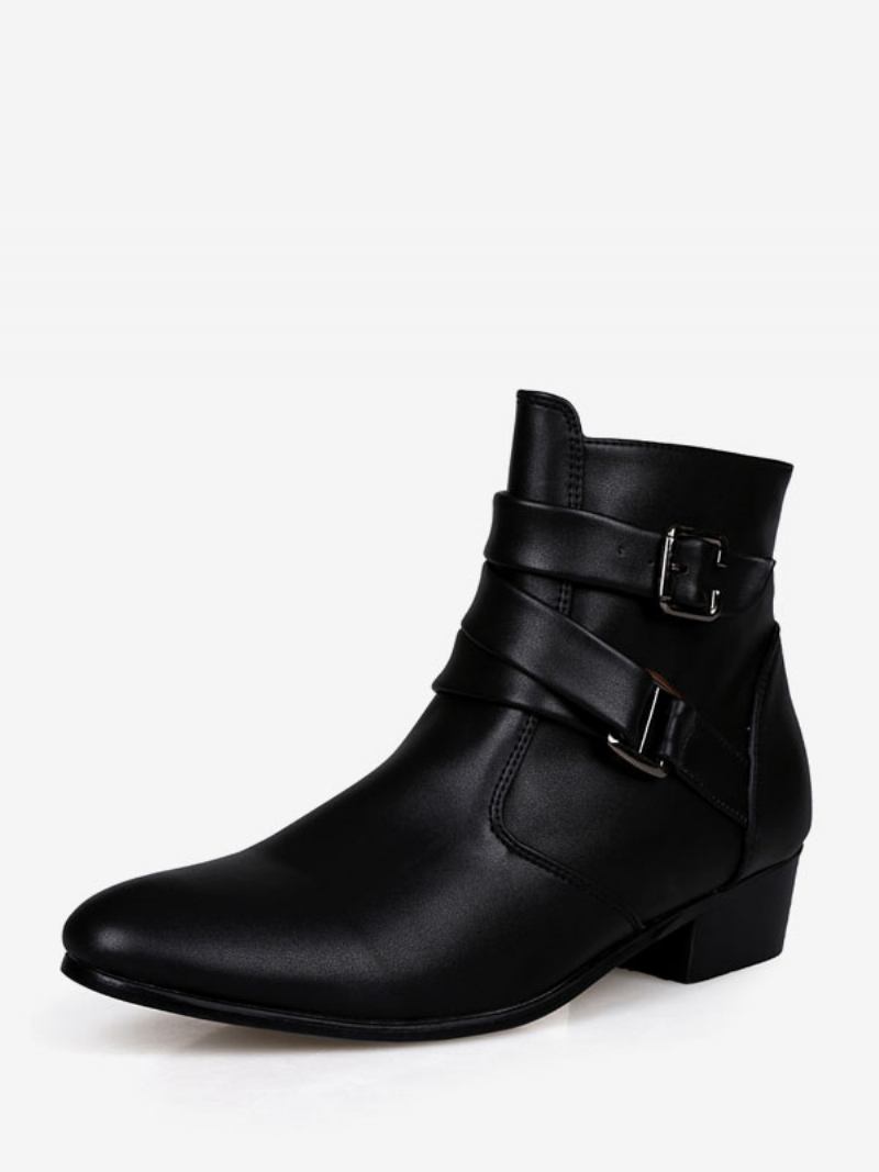 Botas Masculinas Chelsea Couro Pu Branco Jodhpur Tornozelo - Preto