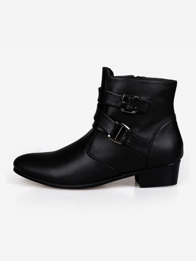 Botas Masculinas Chelsea Couro Pu Branco Jodhpur Tornozelo - Preto