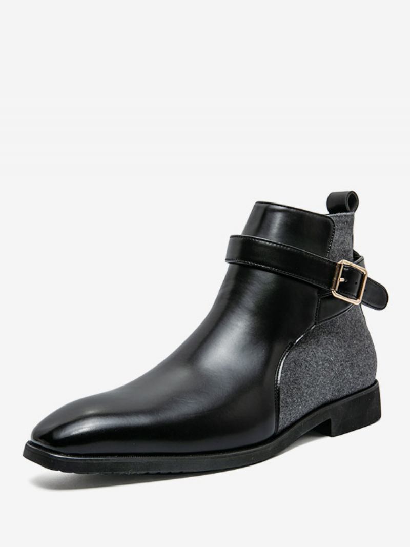 Botas Masculinas Chelsea Couro Pu Com Fivela Redonda - Preto