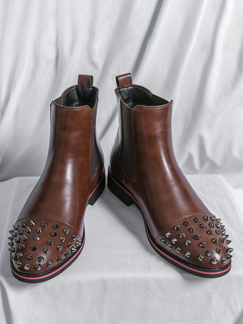 Botas Masculinas Chelsea Couro Pu Com Rebites Redondos - Café Marrom