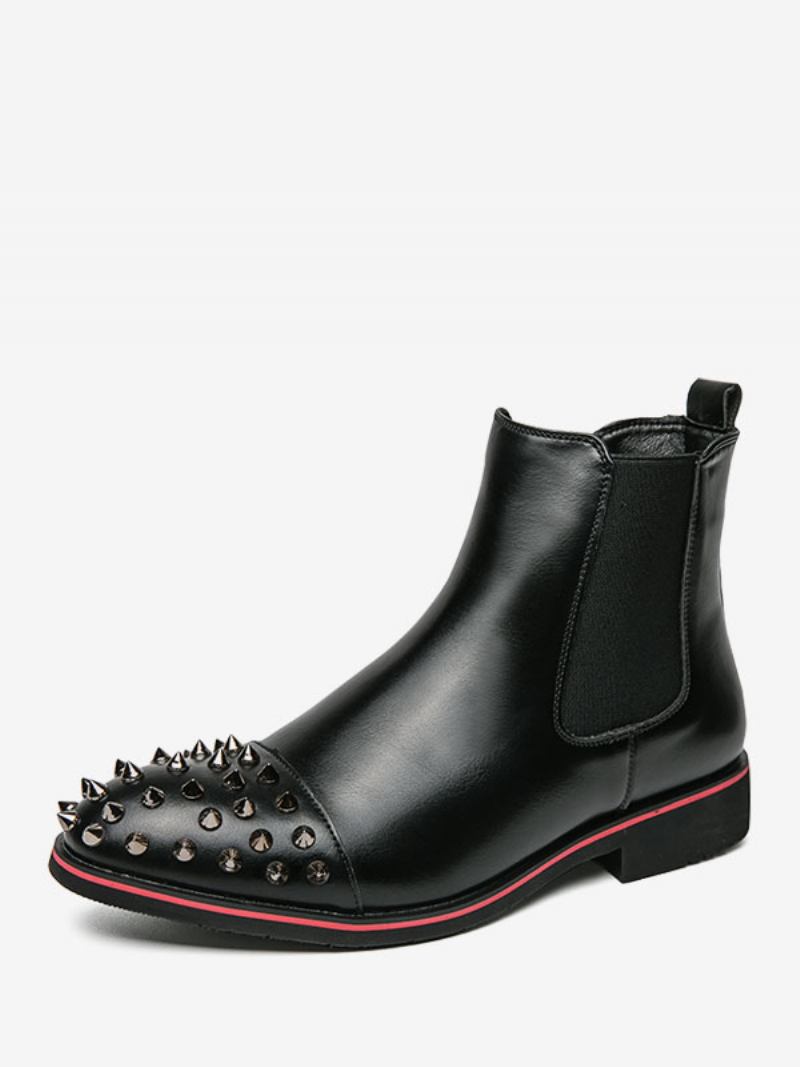 Botas Masculinas Chelsea Couro Pu Com Rebites Redondos - Preto