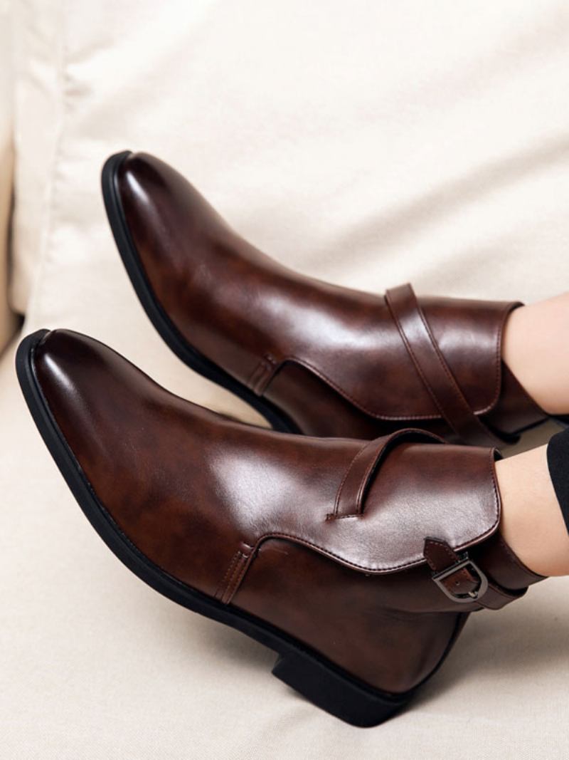 Botas Masculinas Chelsea Couro Pu Jodhpur Com Fivela - Café Marrom