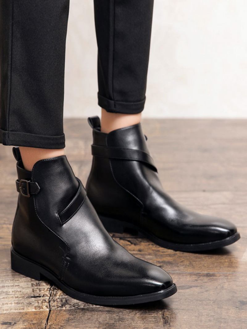 Botas Masculinas Chelsea Couro Pu Jodhpur Com Fivela - Preto