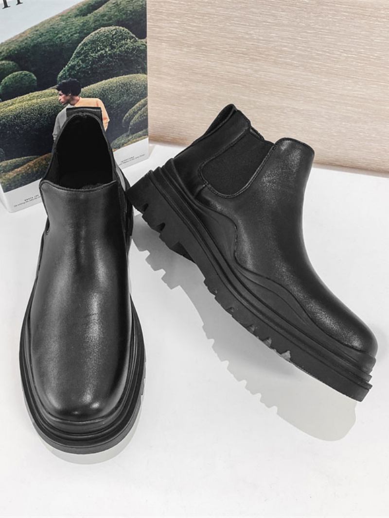 Botas Masculinas Chelsea Modernas Couro Bovino Com Bico Redondo - Preto