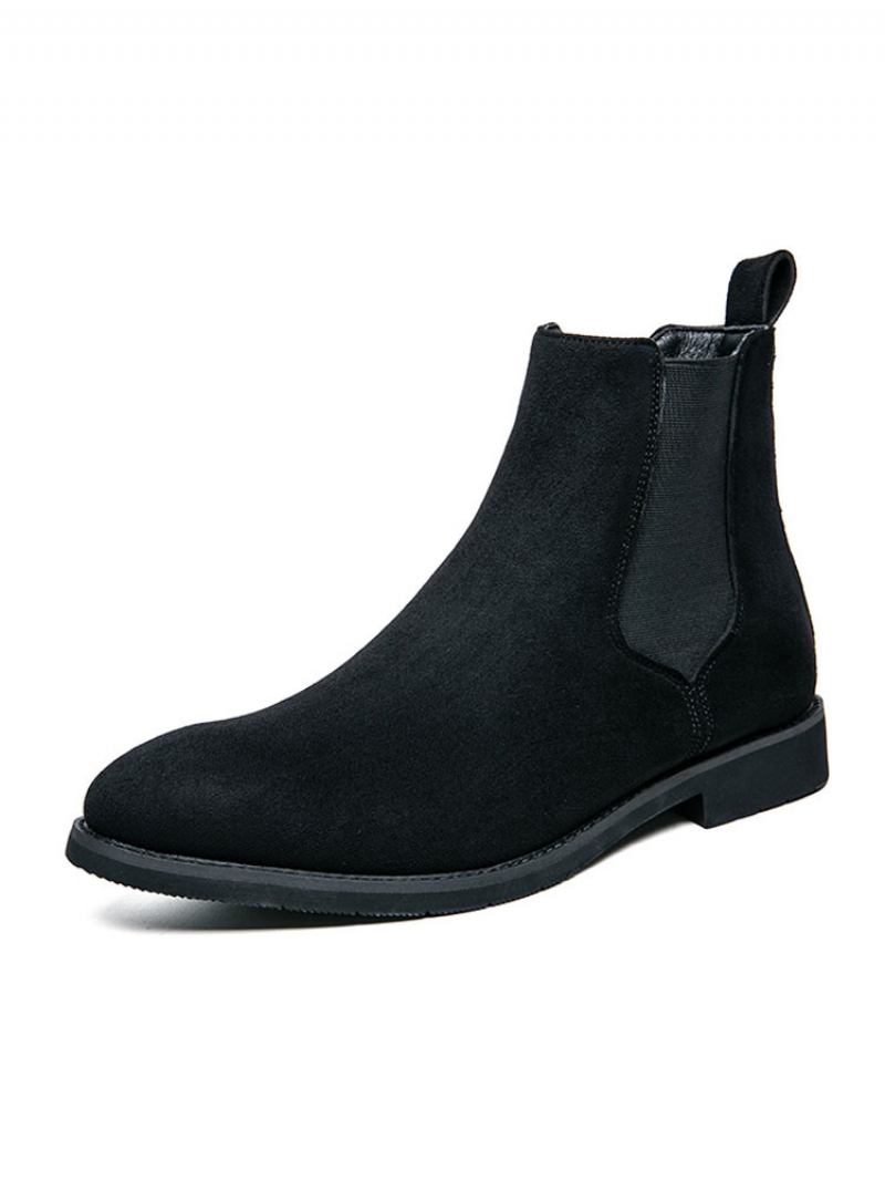 Botas Masculinas Chelsea Pretas Camurça Couro Bico Redondo - Preto