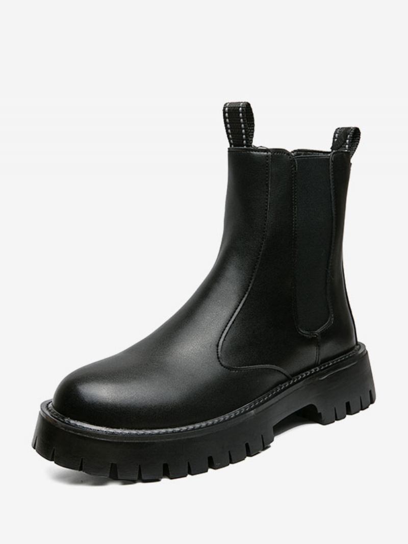 Botas Masculinas Chelsea Pretas Couro Pu Bico Redondo