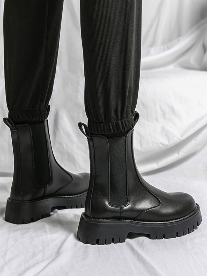 Botas Masculinas Chelsea Pretas Couro Pu Bico Redondo - Preto