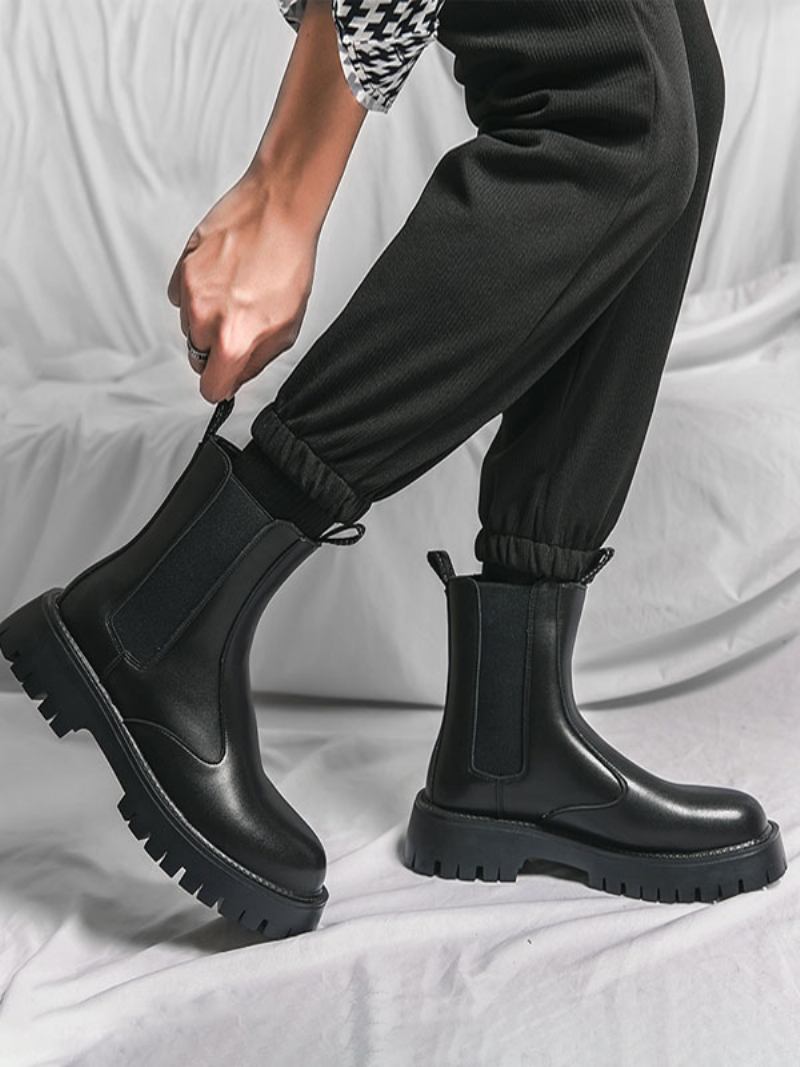 Botas Masculinas Chelsea Pretas Couro Pu Bico Redondo - Preto