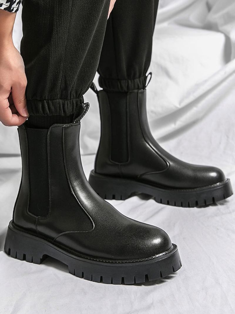 Botas Masculinas Chelsea Pretas Couro Pu Bico Redondo - Preto