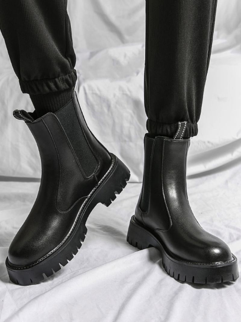 Botas Masculinas Chelsea Pretas Couro Pu Bico Redondo - Preto