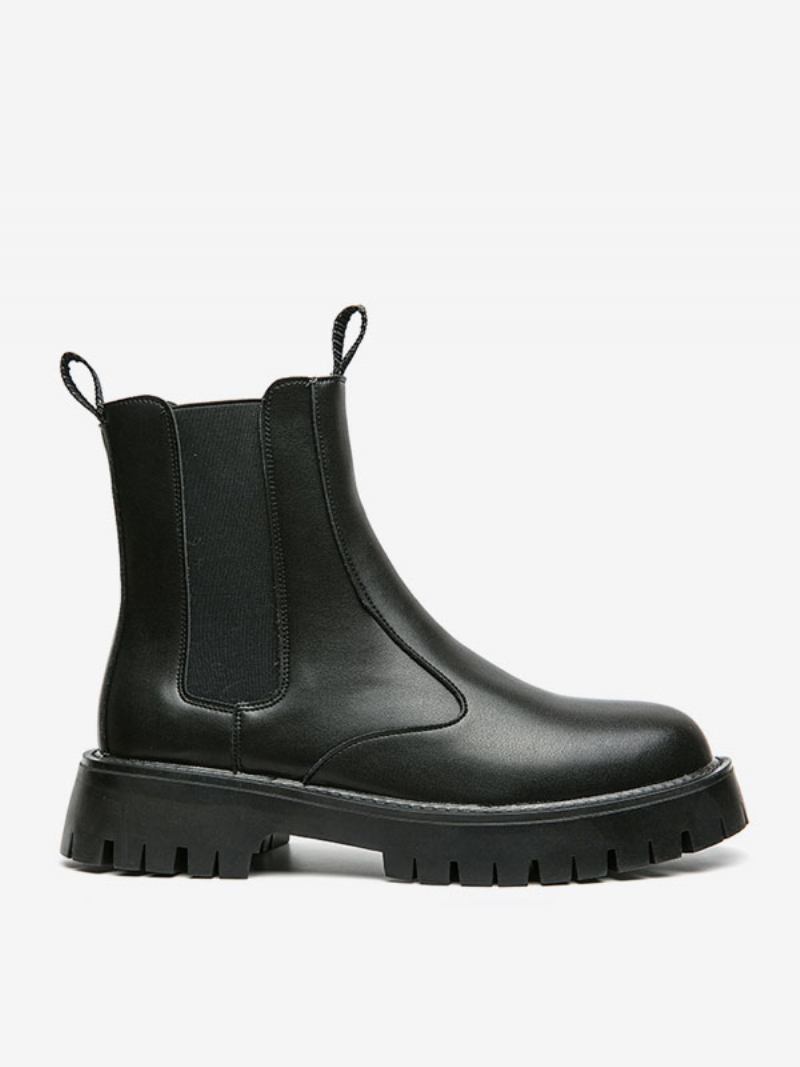 Botas Masculinas Chelsea Pretas Couro Pu Bico Redondo - Preto