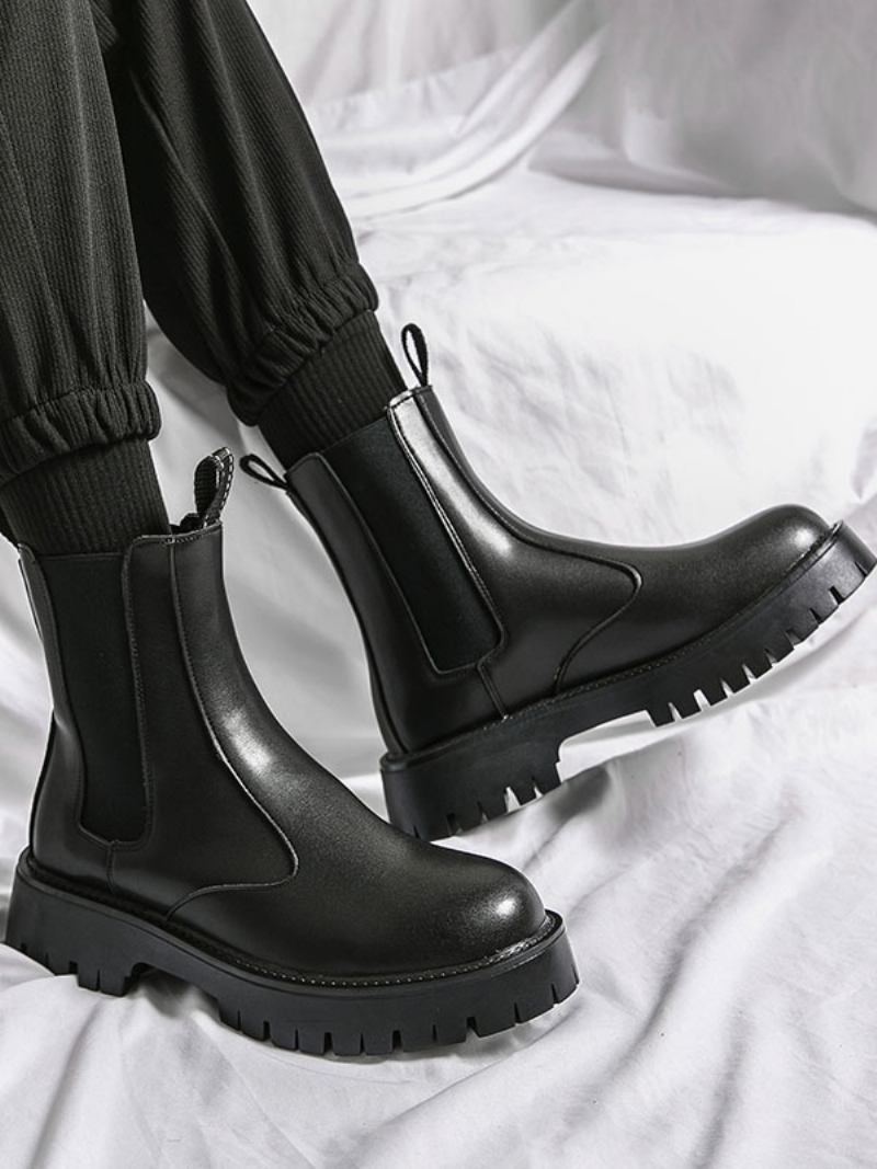 Botas Masculinas Chelsea Pretas Couro Pu Bico Redondo - Preto