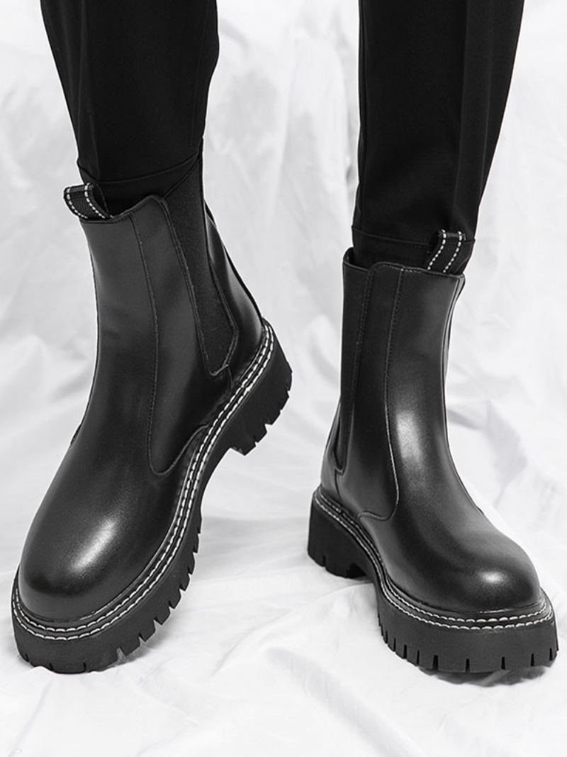 Botas Masculinas Chelsea Pretas Couro Pu Bico Redondo - Preto