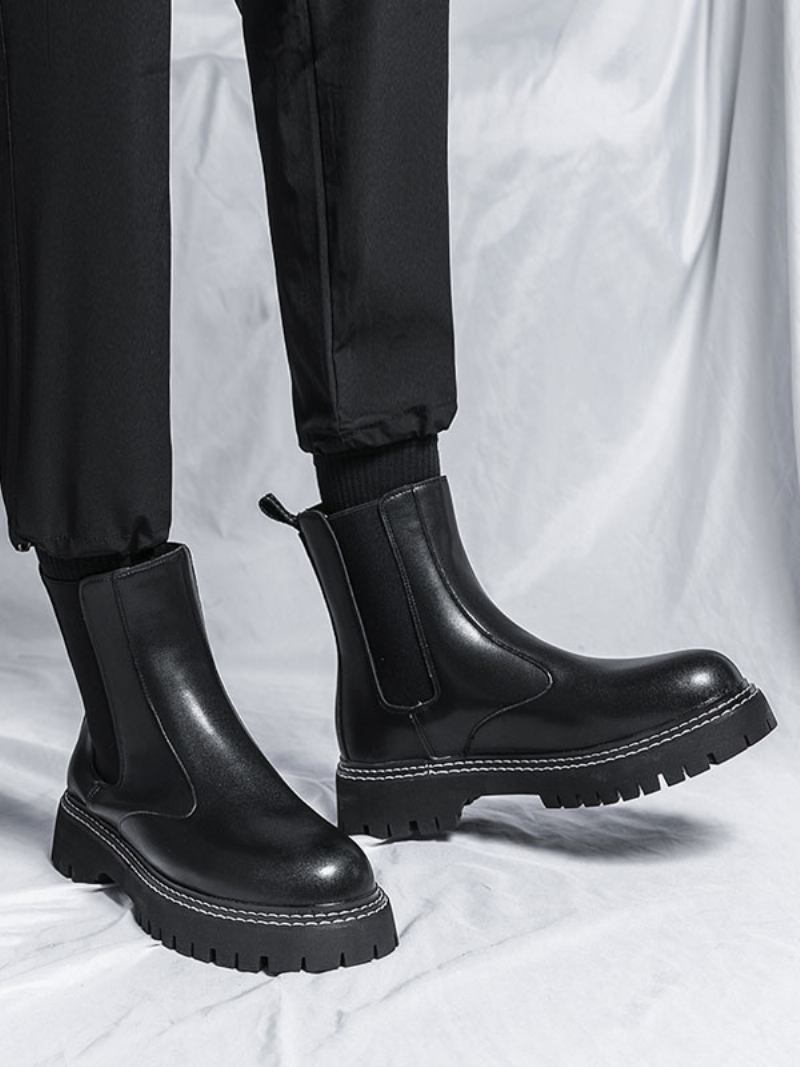 Botas Masculinas Chelsea Pretas Couro Pu Bico Redondo - Preto