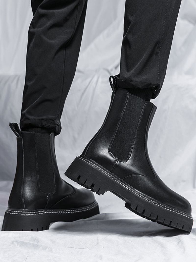 Botas Masculinas Chelsea Pretas Couro Pu Bico Redondo - Preto