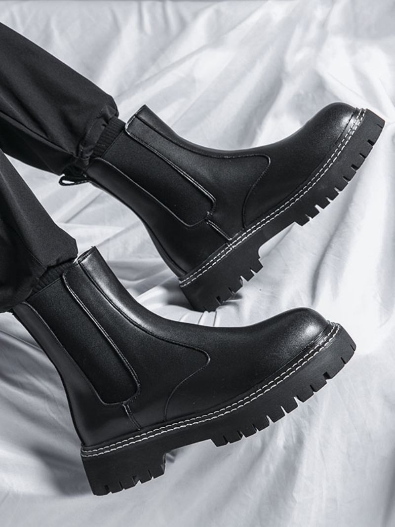 Botas Masculinas Chelsea Pretas Couro Pu Bico Redondo - Preto