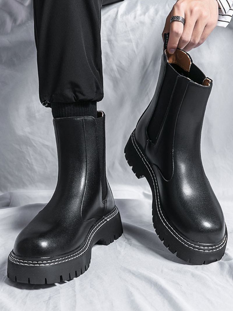 Botas Masculinas Chelsea Pretas Couro Pu Bico Redondo - Preto