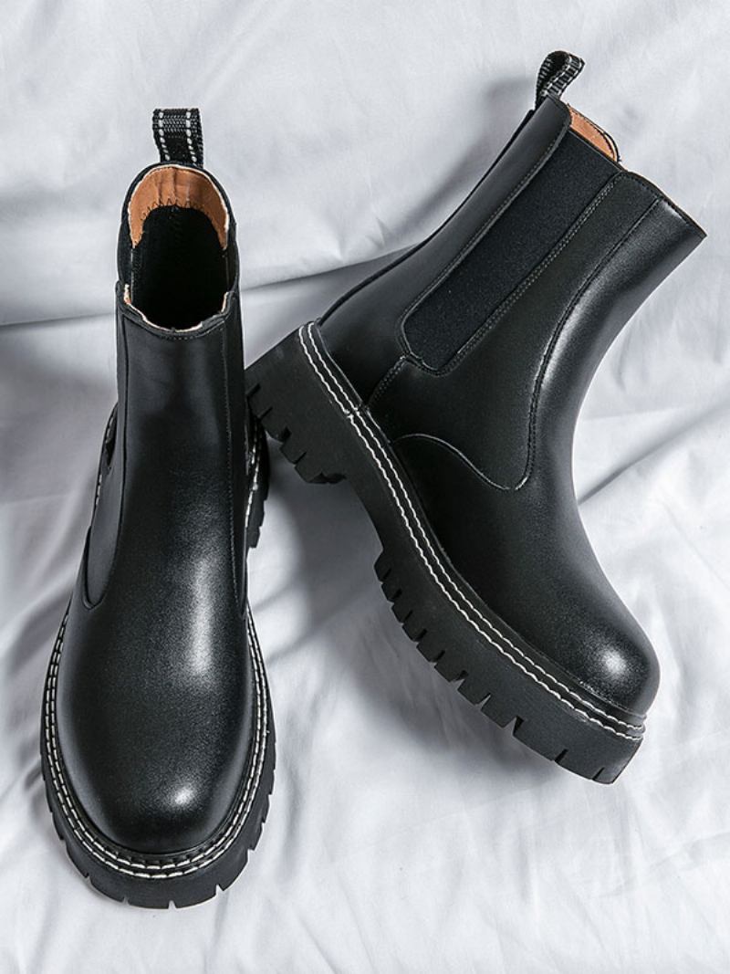 Botas Masculinas Chelsea Pretas Couro Pu Bico Redondo - Preto