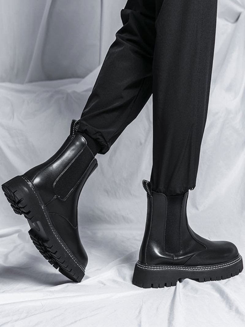 Botas Masculinas Chelsea Pretas Couro Pu Bico Redondo - Preto