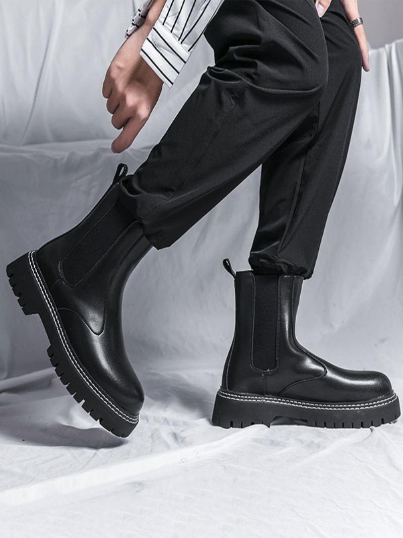 Botas Masculinas Chelsea Pretas Couro Pu Bico Redondo - Preto