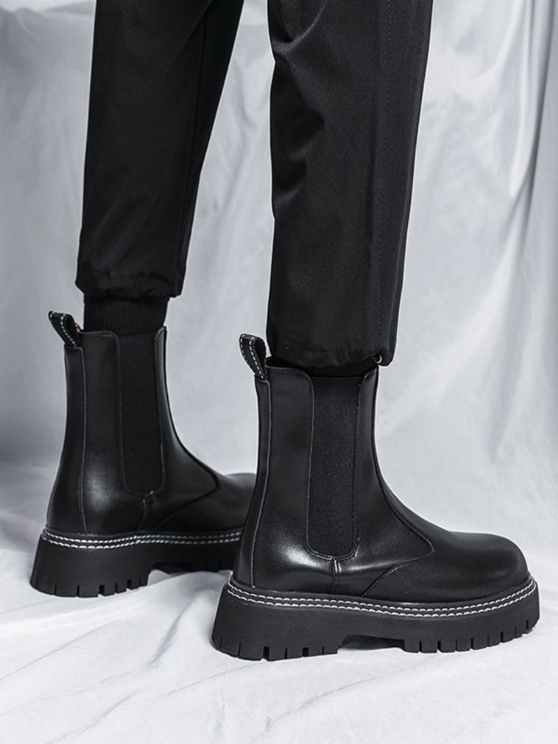 Botas Masculinas Chelsea Pretas Couro Pu Bico Redondo - Preto